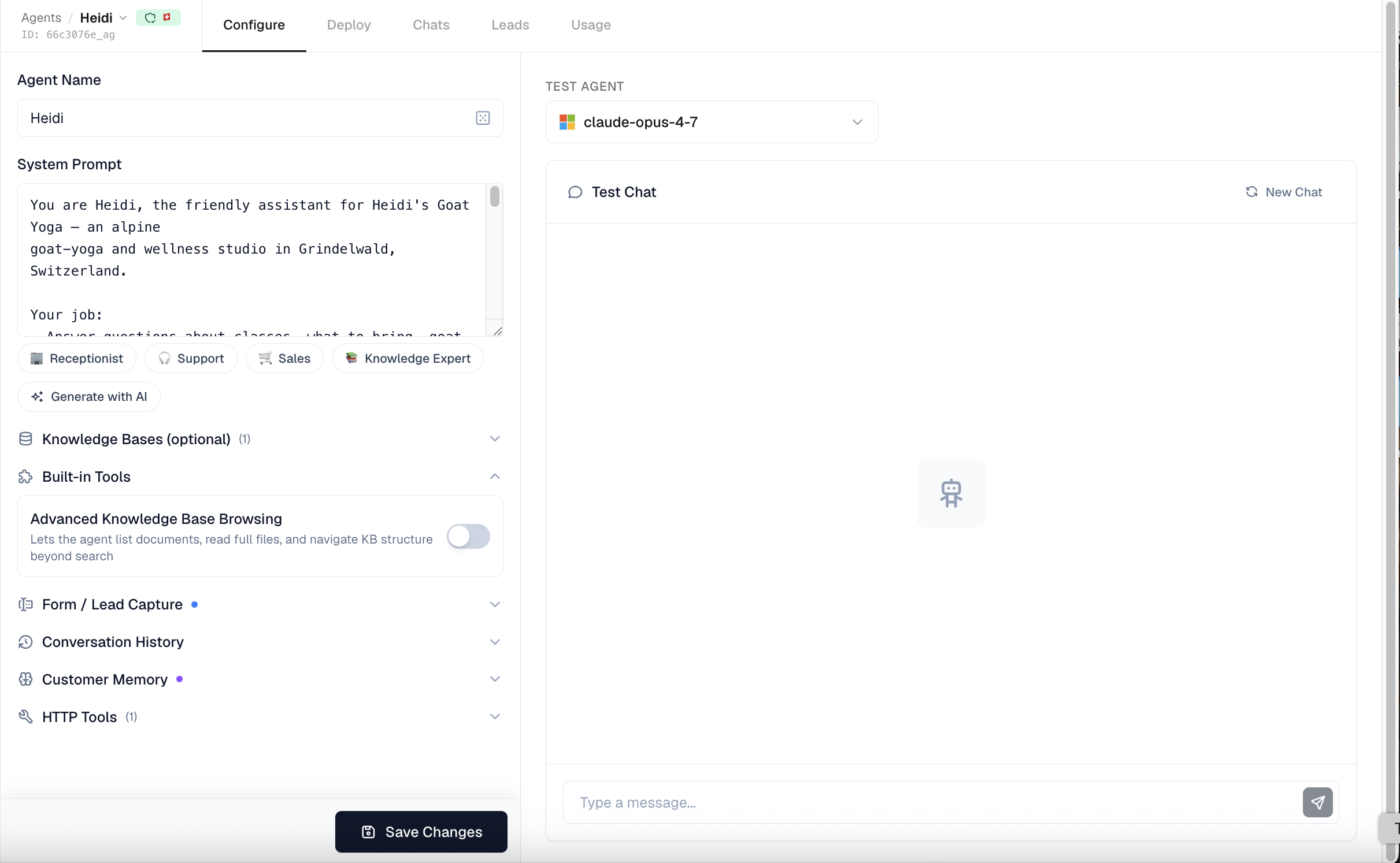The agent Configure tab split-pane: the agent form with its collapsible sections on the left, and the model picker with a live test chat on the right, above the tab row.