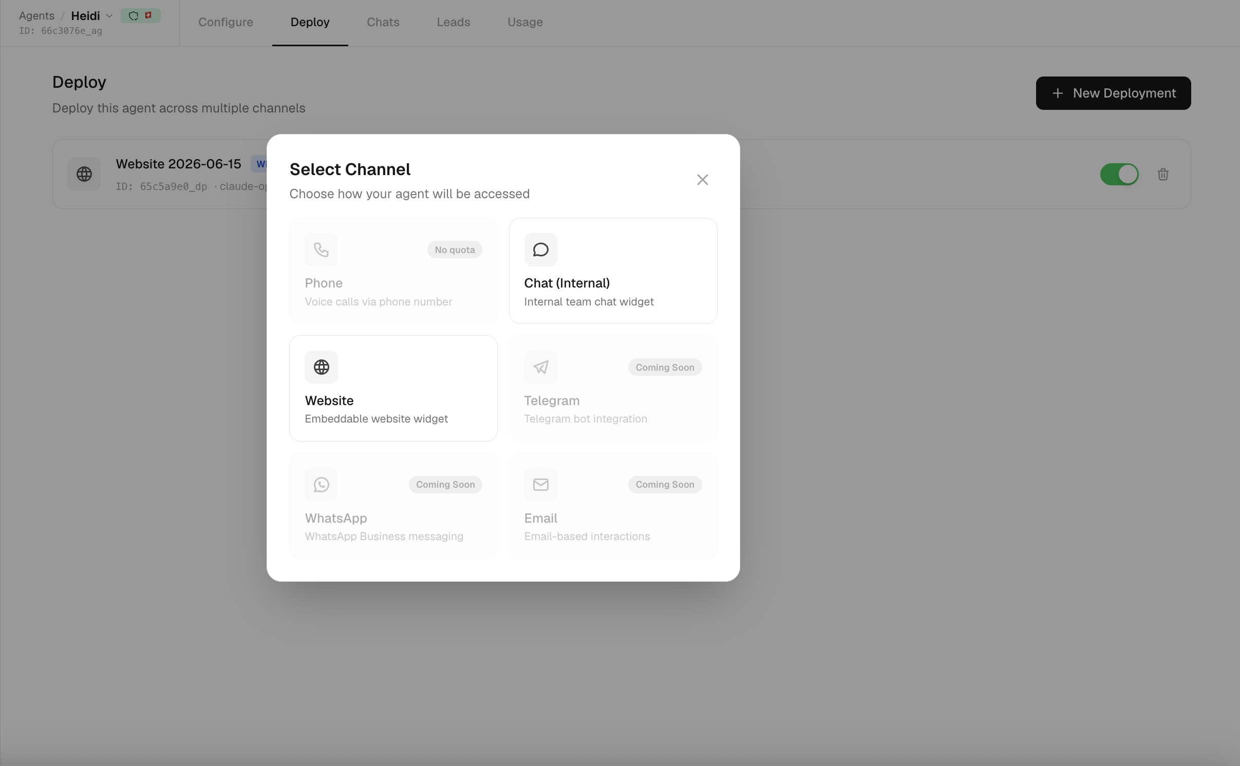The New Deployment channel picker: Phone, Chat, and Website available, with Telegram, WhatsApp, and Email marked Coming Soon.