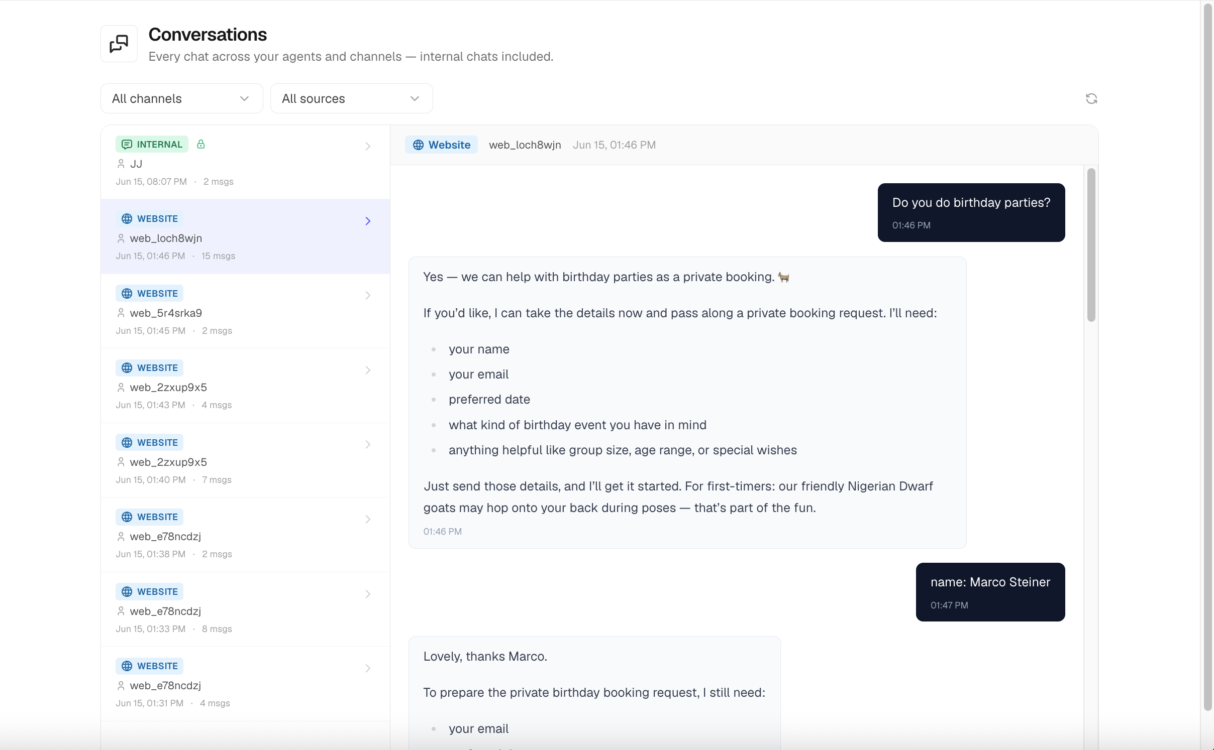 The Conversations hub: a header, two filters, and a list-plus-detail layout with mixed chat and phone channel badges.