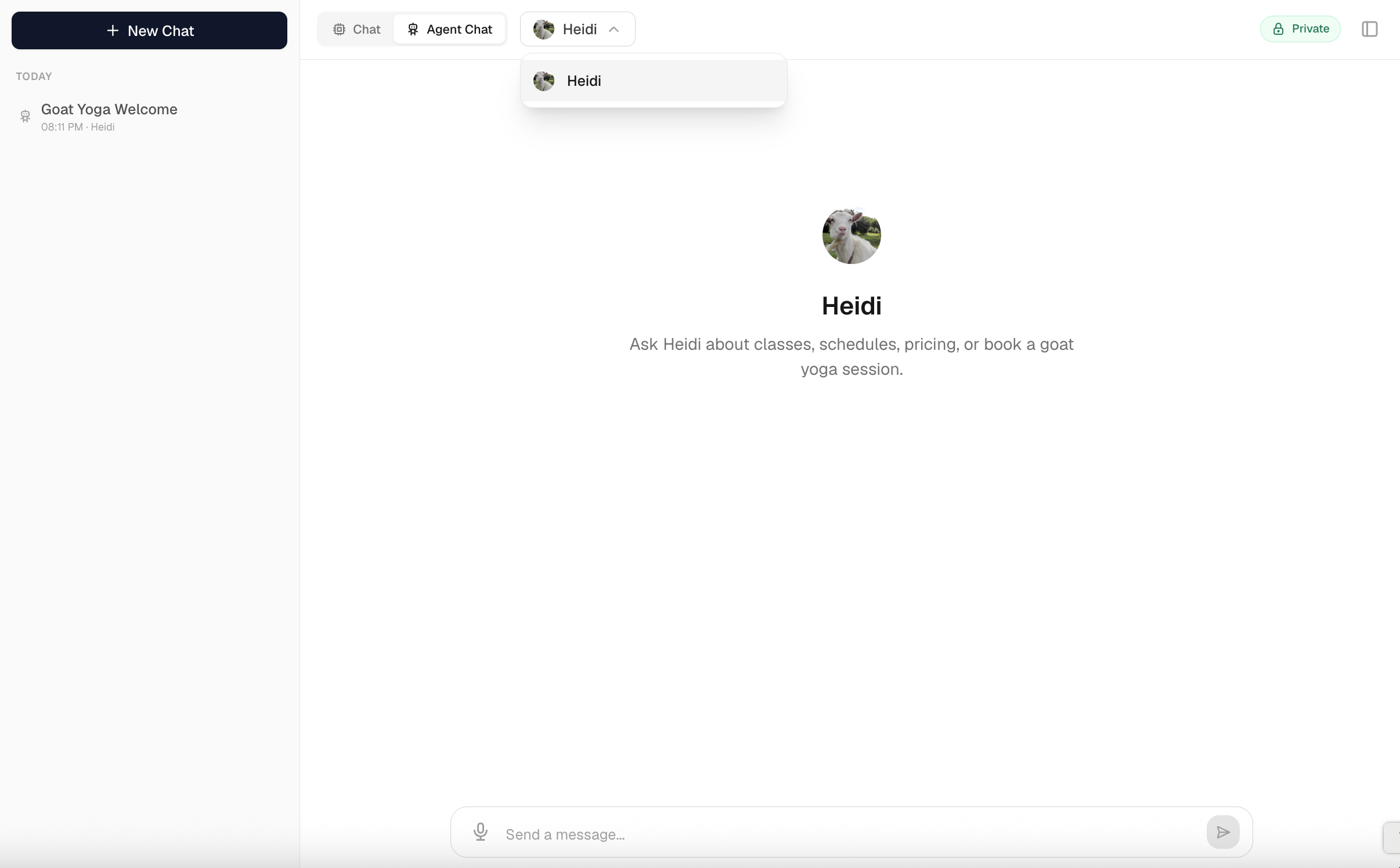 The dashboard chat in Agent mode: an agent picker, the welcome empty state, a conversation sidebar, and a mic button.