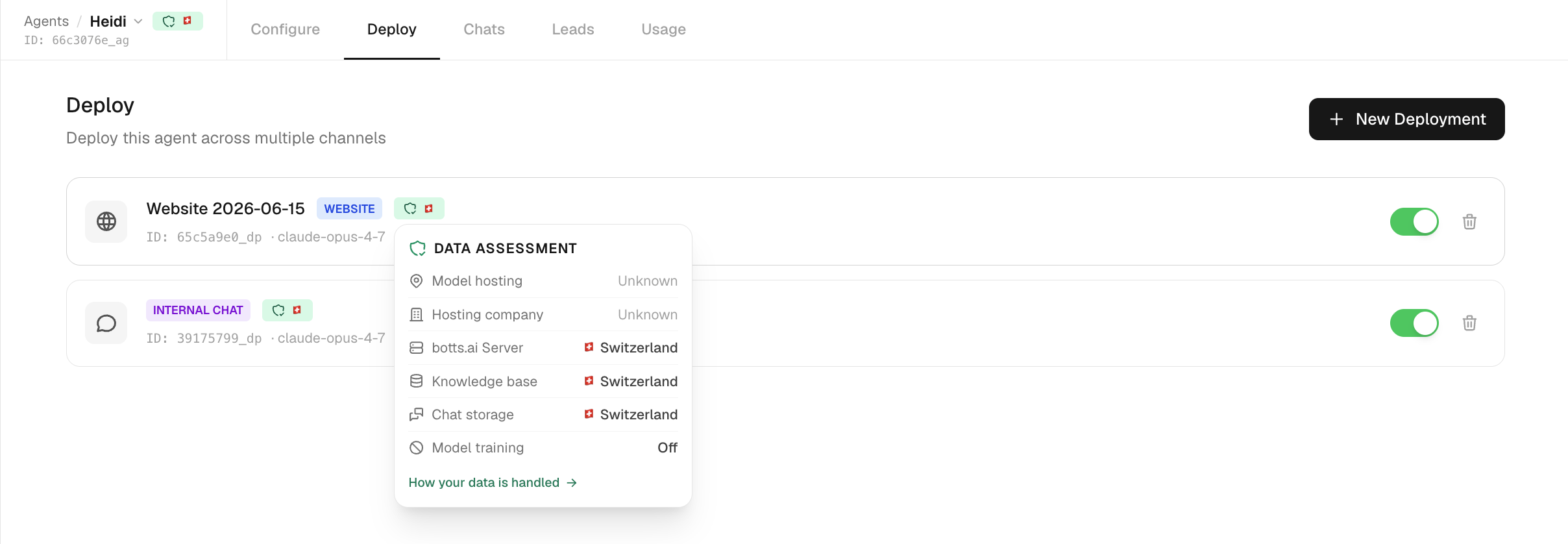 The data-assessment panel for a deployment, showing model hosting, the hosting company, phone region (US), infrastructure region (CH), and training set to Off.
