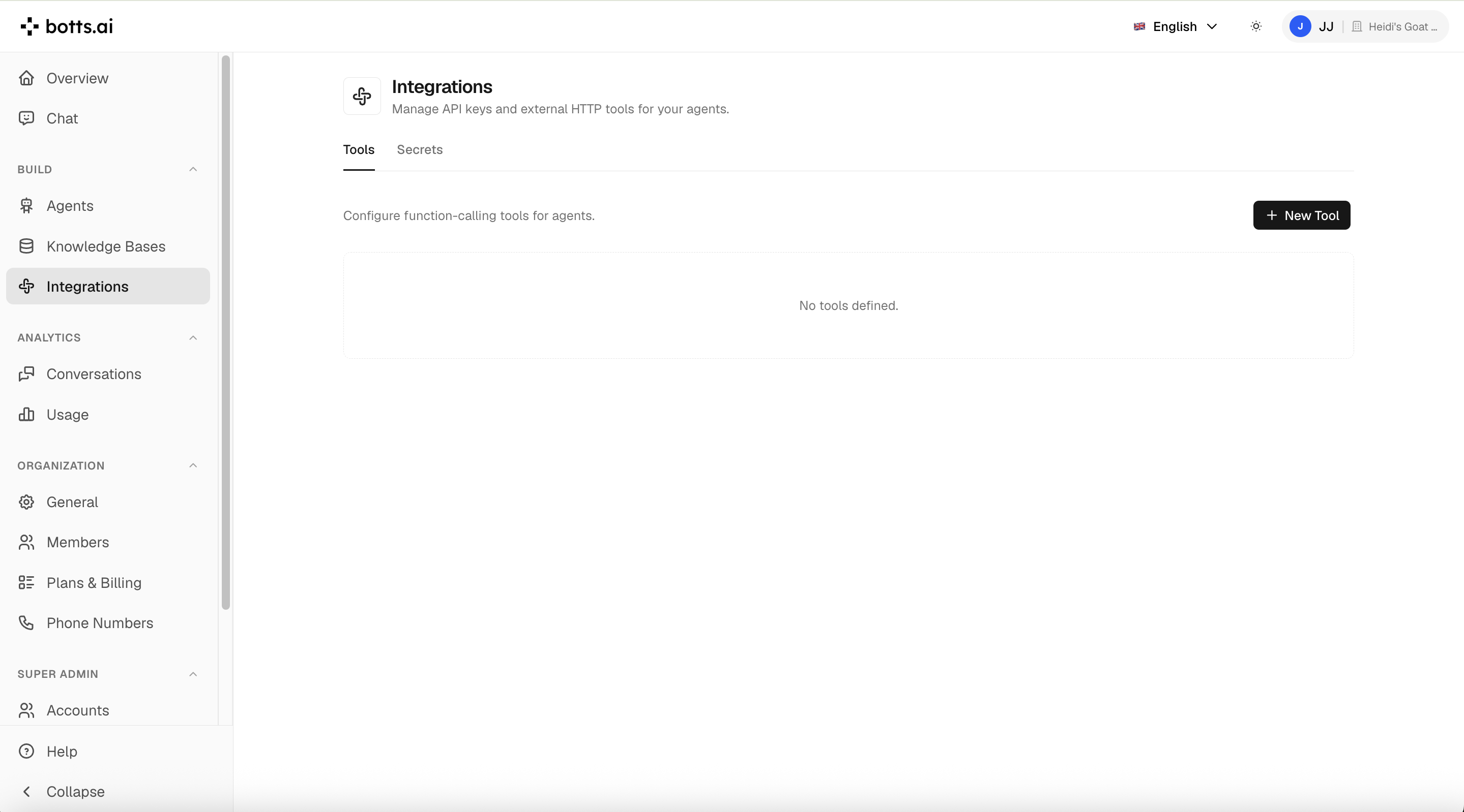 The Integrations dashboard showing the Tools tab with the HTTP tools configured for your organization.