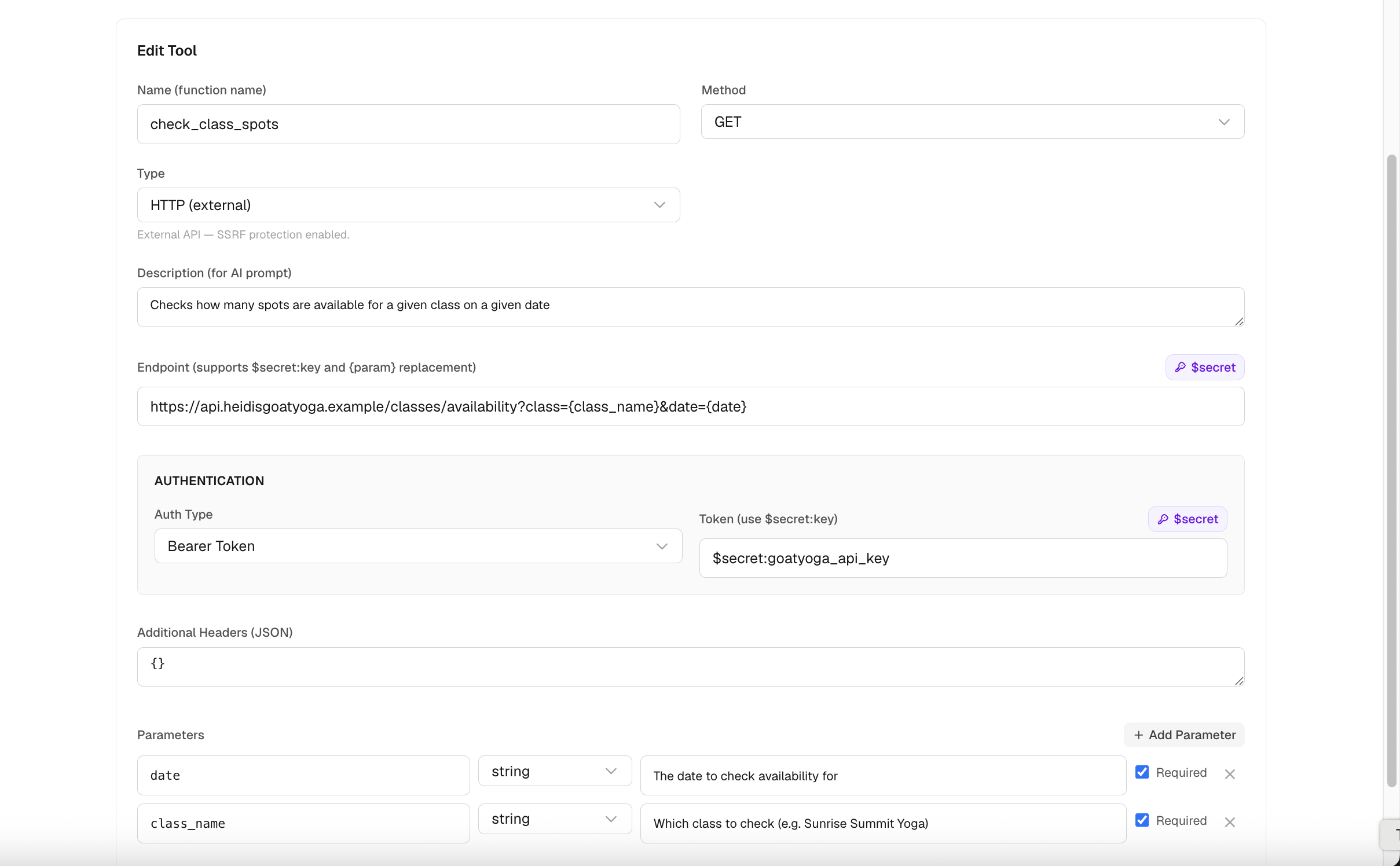 The New Tool form: a GET method, a path-parameter placeholder in the endpoint, Bearer authentication using a stored-secret reference, and two parameter rows.