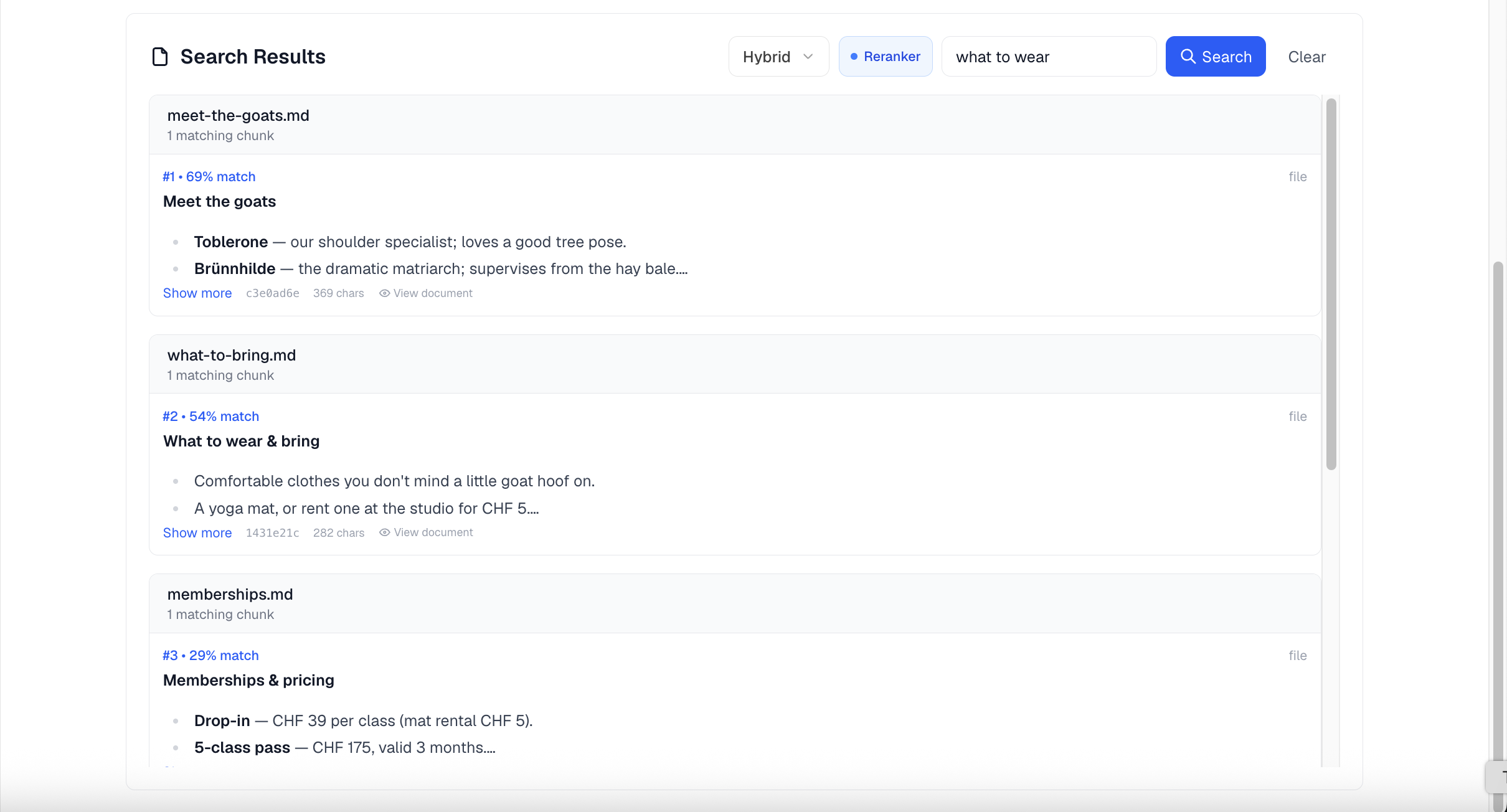 AI Search results: the mode selector (Hybrid, Semantic, Keyword), a Reranker toggle, and results grouped by source with percentage-match scores.