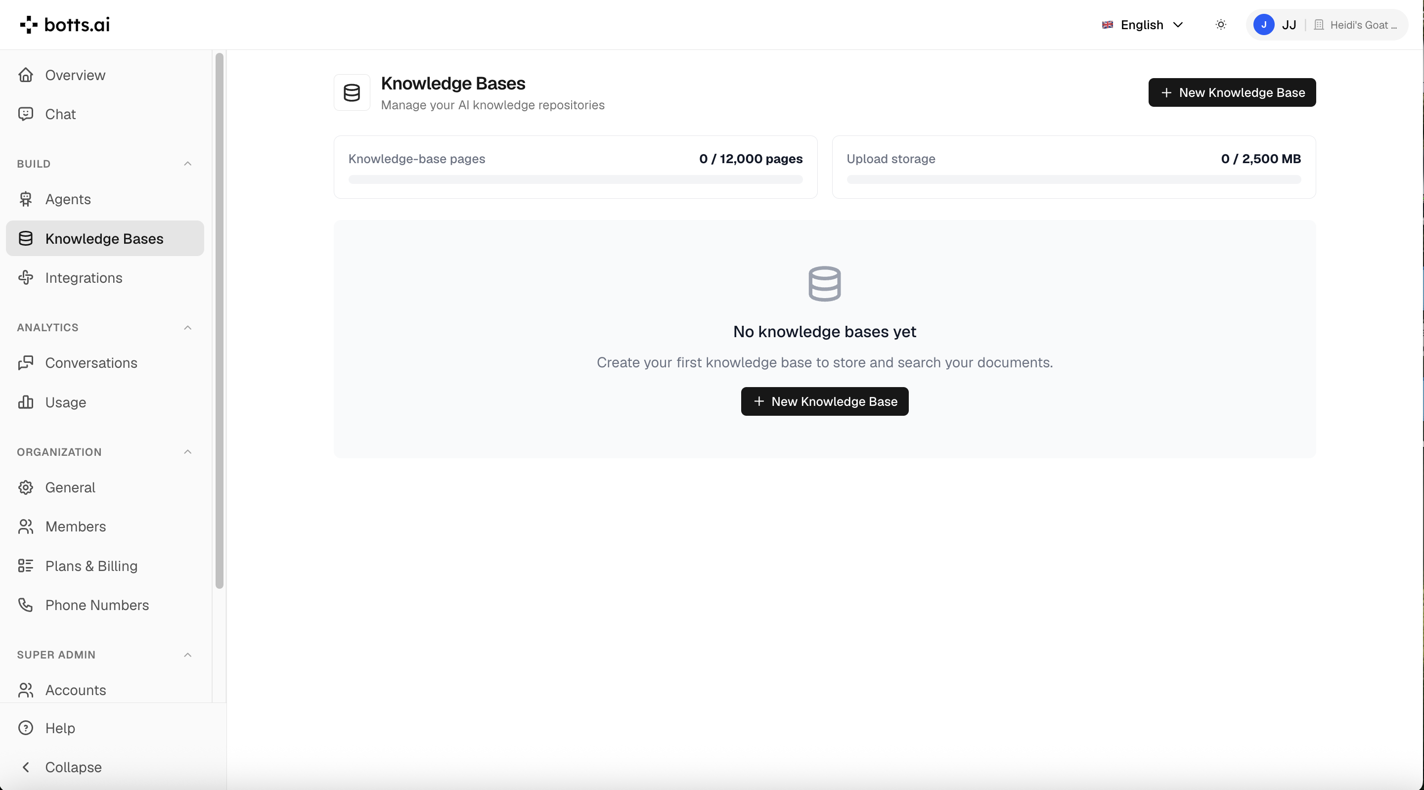 The Knowledge Bases page shows your organization's page and upload-storage usage at a glance.
