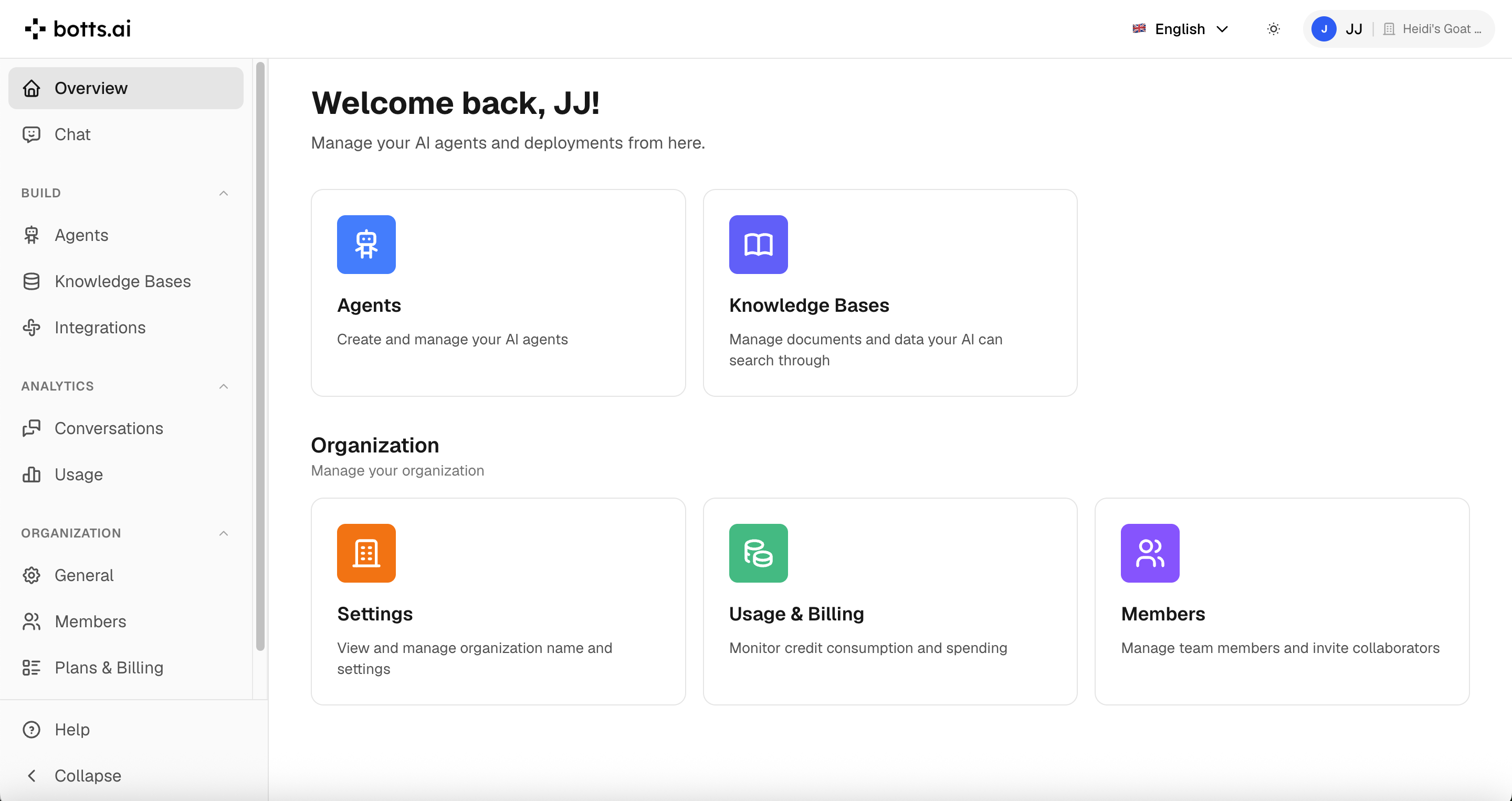 The botts.ai Overview page — your home base, with quick links to Agents and Knowledge Bases, plus your organization’s Settings, Usage & Billing, and Members.