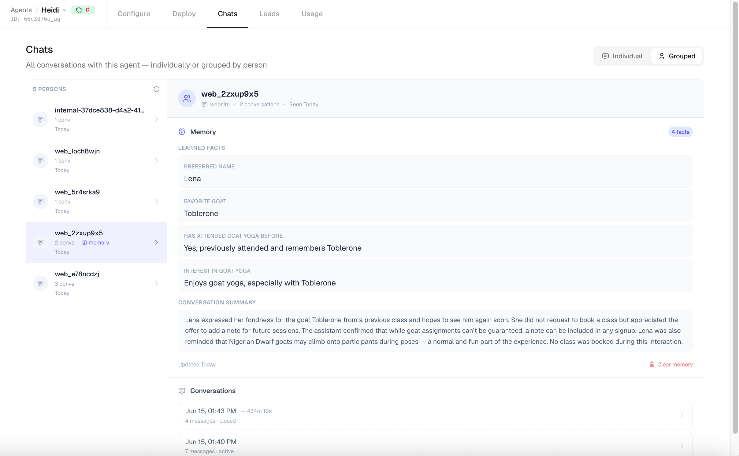 A person's detail panel: the profile header, a Memory section with a facts-count badge and remembered facts, and the list of their past conversations.