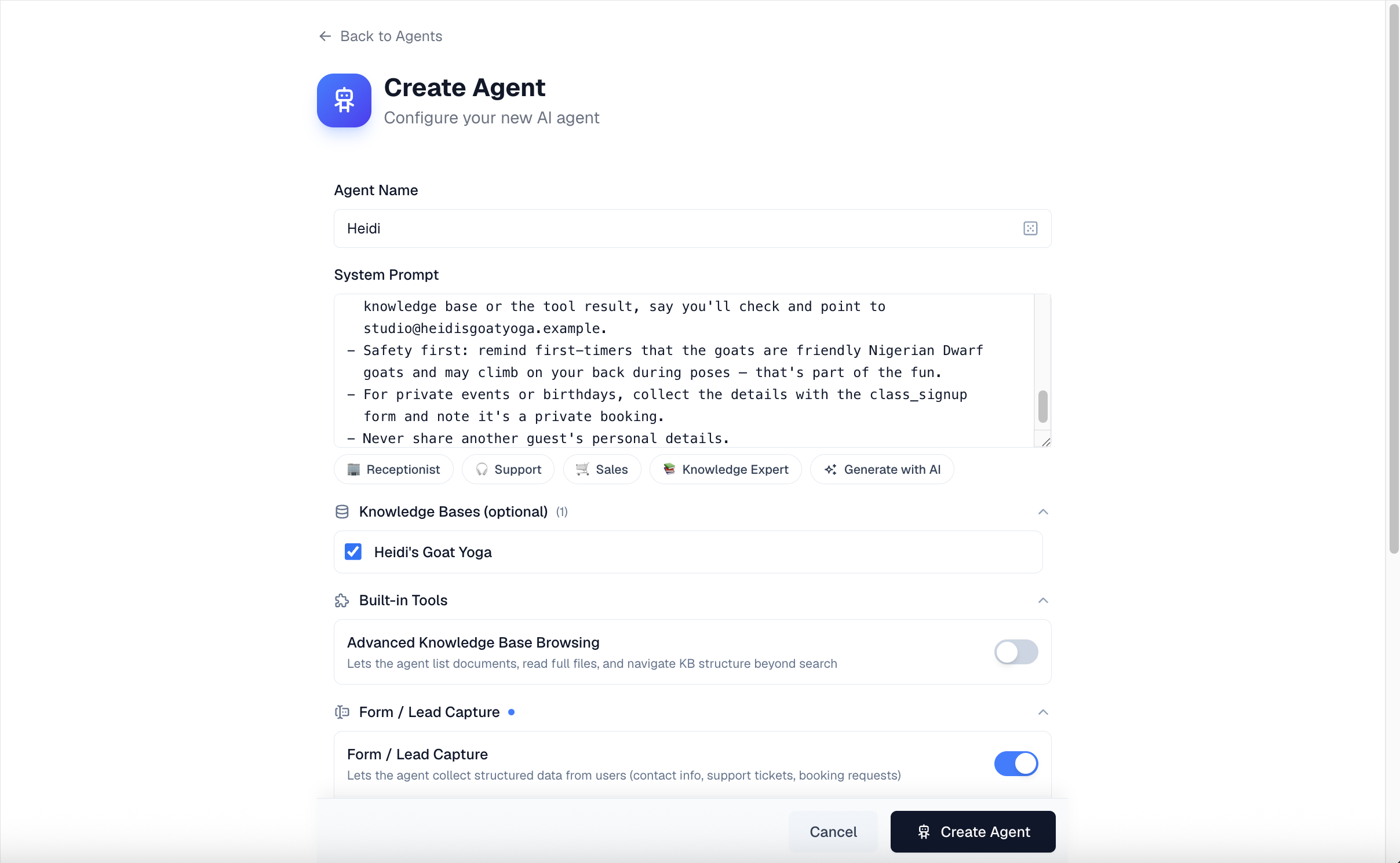The Create Agent form, with the agent name filled in, the system-prompt template chips (Receptionist, Support, Sales, Knowledge Expert, Generate with AI), and the Knowledge Bases section expanded with one knowledge base checked.
